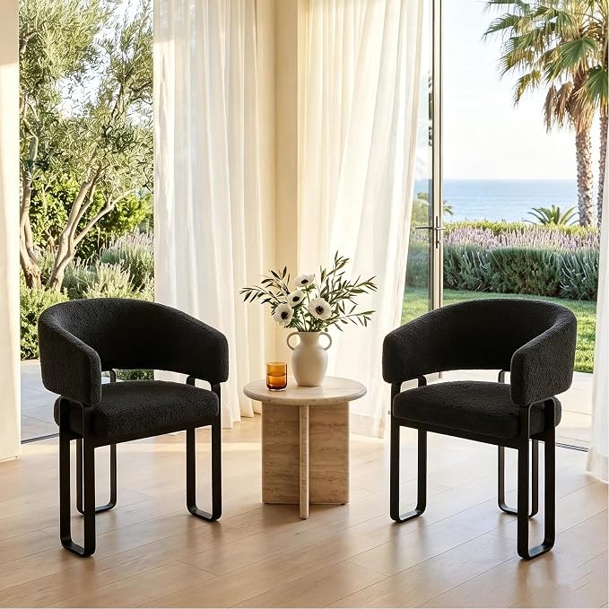 Modern Barrel Dining Chair, Black Boucle Kitchen Chair with U-Shaped Stainless Steel Legs, Armchair with Open Back for Living Room Bedroom Makeup Room, Set of 8