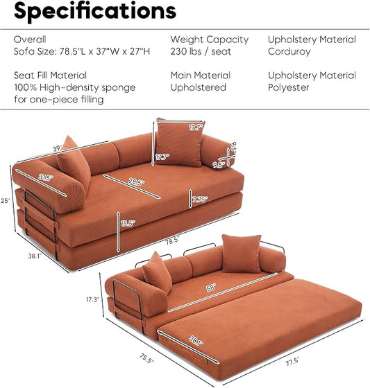ZEIINPA Convertible Sleeper Sofa Bed with Cylindrical Pillow, Corduroy Folding Mattress Couch with Fixed-Shape Frame, Floor Sofa Lounge Couch for Living Room Bedroom Lounge Studio, Orange
