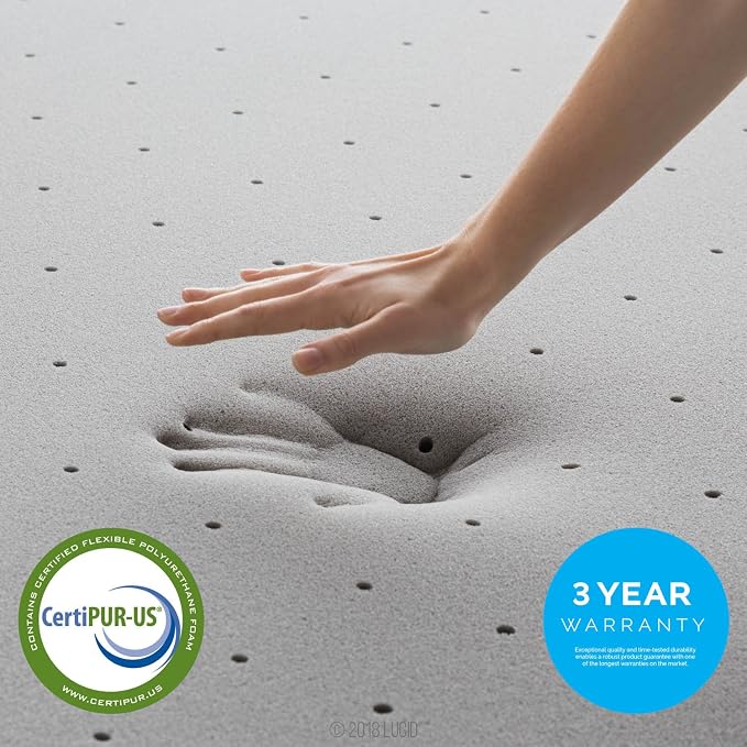 Lucid 2 Inch Bamboo Charcoal Infused Memory Foam Mattress Topper - Full Size – Moisture and Odor Control - Ventilated - Plush Feel, Pressure-Relieving Bed Topper – CertiPur Certified