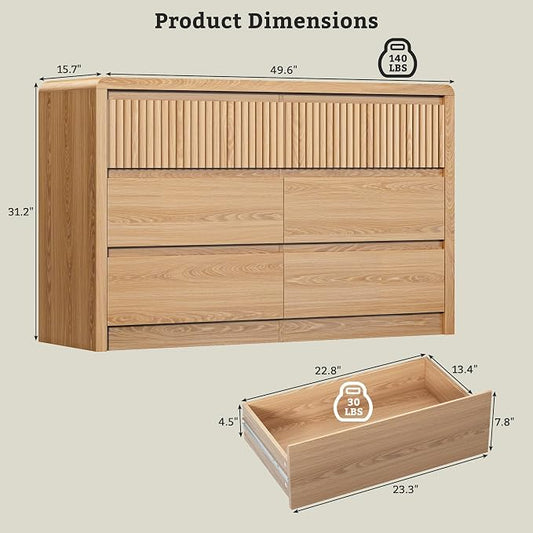 LYNSOM 6 Drawer Dresser for Bedroom, 50" Wide Fluted Dresser with Curved Corners, Wood Dressers & Chests of Drawers with Dual-Panel Design for Bedroom, Entryway, Oak