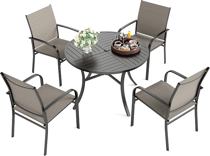 HERA'S HOUSE Patio Table and Chairs Set, 5 Pieces Outdoor Dining Set with Round Metal Table and Textilene Chairs for Lawn Garden Backyard Deck,Brown