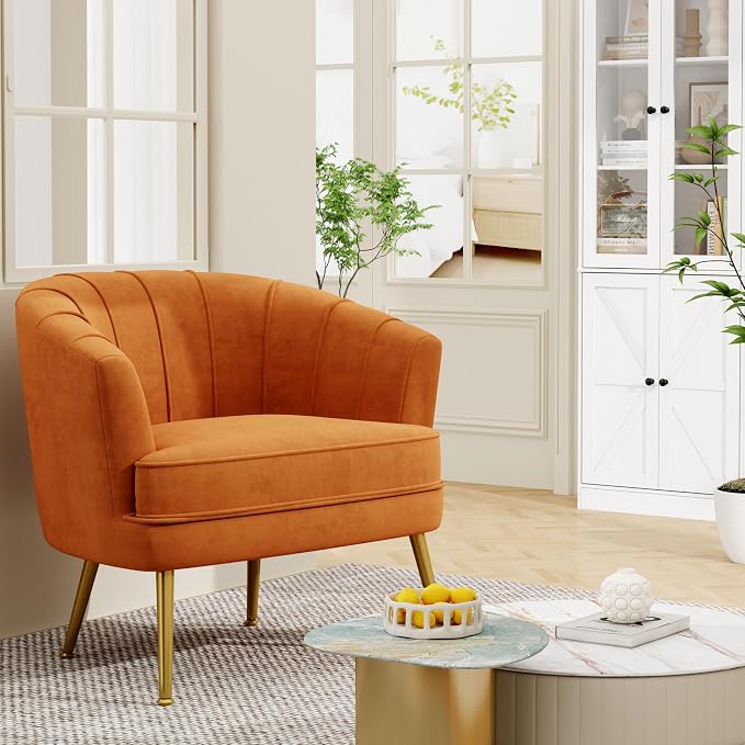Andeworld Velvet Accent Chair Set of 2, Upholstered Modern Single Sofa Side Chair,Comfy Barrel Club Living Room Armchair with Golden Metal Legs for Bedroom Living Reading Room Office, Orange