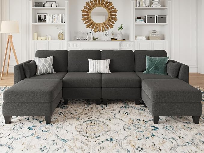 Modular Sectional Sofa, 6 Seaters Modular Sleeper Sofa Couch, Comfy Sectionals Couches Bed, Convertible Sofas with Ottomans, Sectional Couches for Living Room, Dark Grey