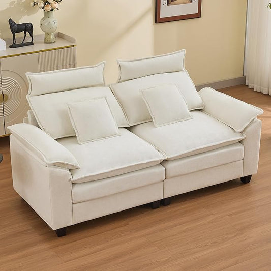 72'' Cloud Modern Loveseat Couch with Detachable Headrest, Modular Sectional Sofa Couch Deep Love Seat, Oversized 2 Seater Chenille Comfy Sofa with Armrests for Living Room, Beige