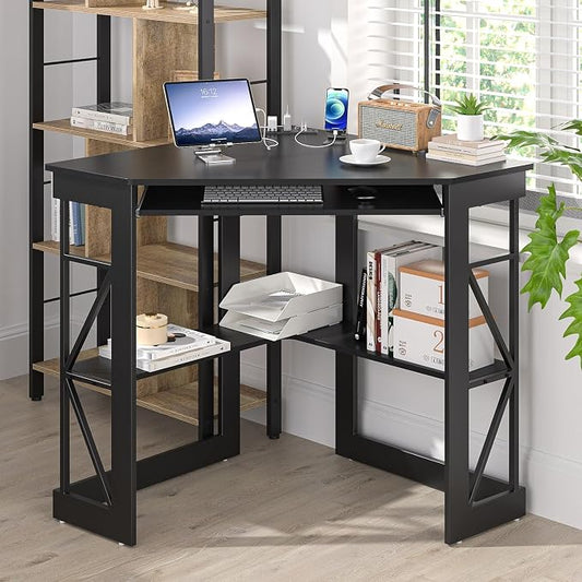 VECELO Corner Desk, Triangle Computer Desk for Small Space with Charging Station and Keyboard Tray, Corner Makeup Table with Storage Shelves for Home Office Bedroom, 41x30, Balck