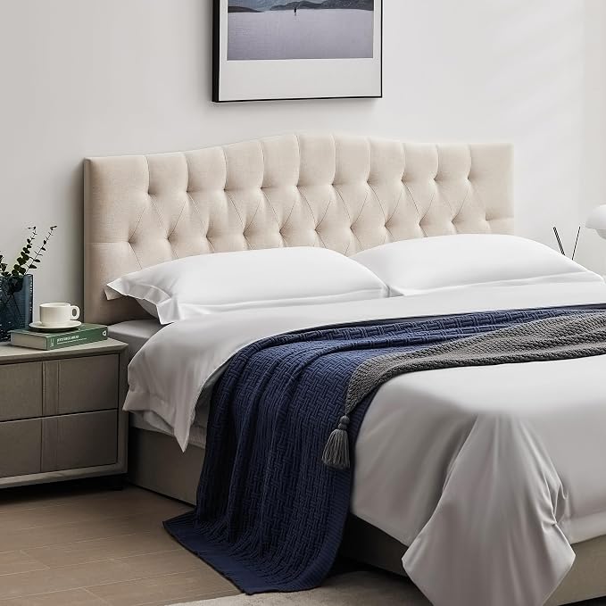 Tufted Upholstered Full Size Headboard Only, Adjustable 38-50 in, Beige | Full Headboard for Full Size Bed, Durable Linen Fabric Headboards, Modern Diamon Design Wood Head Board