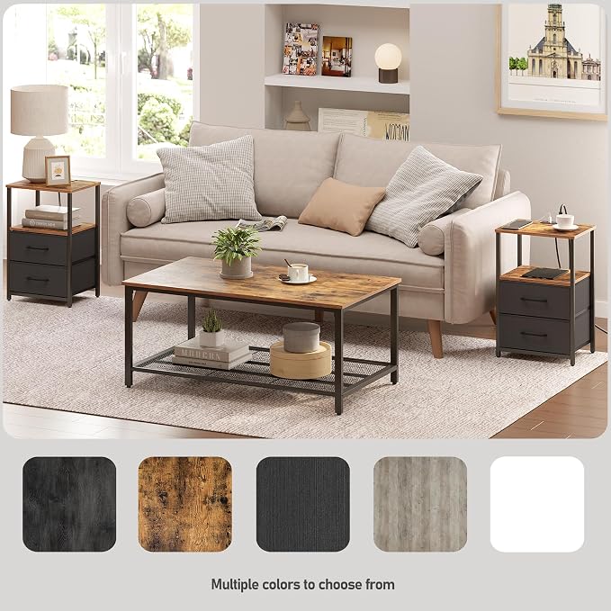 TUTOTAK LED End Table with Charging Station, Nightstand with Cloth Drawer, Side Table with 1 USB Port and 1 Type-C Port, Set of 2, Couch Table, Brown and Black TB01BB052KL