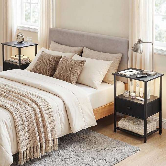 LOAKEKEL Nightstands Set of 2 with Charging Station, Night Stand with LED Lights, End Tables Living Room with Storage Shelf, Bed Side Tables with Storage Drawer for Bedroom, Black, HETS01BK