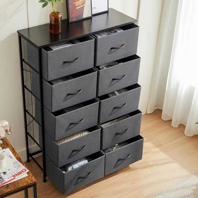 DUMOS 10 Drawer Dresser for Bedroom, Storage Organizer Chest of Drawers | Wide Fabric Closet Organizer Tower Furniture with Wooden Top Metal Frame, Dorm, Grey