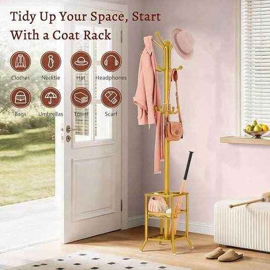 FAVOOSTY Coat Rack Freestanding,Coat Rack Stand with Umbrella Holder,Metal Coat Tree with 12 Hooks,Tree Clothes Hat for Entryway, Hallway, Bedroom, Living Room & Office -Glod