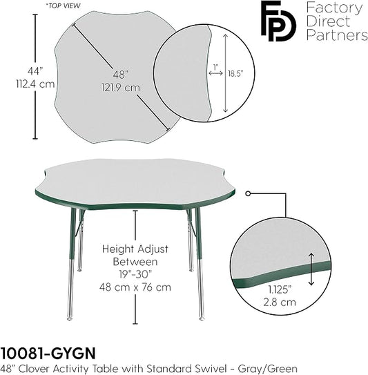 FDP Clover Activity School and Office Table (48 x 48 inch), Standard Legs with Swivel Glides for Collaborative Seating Environments, Adjustable Height 19-30 inches - Gray Top and Green Edge