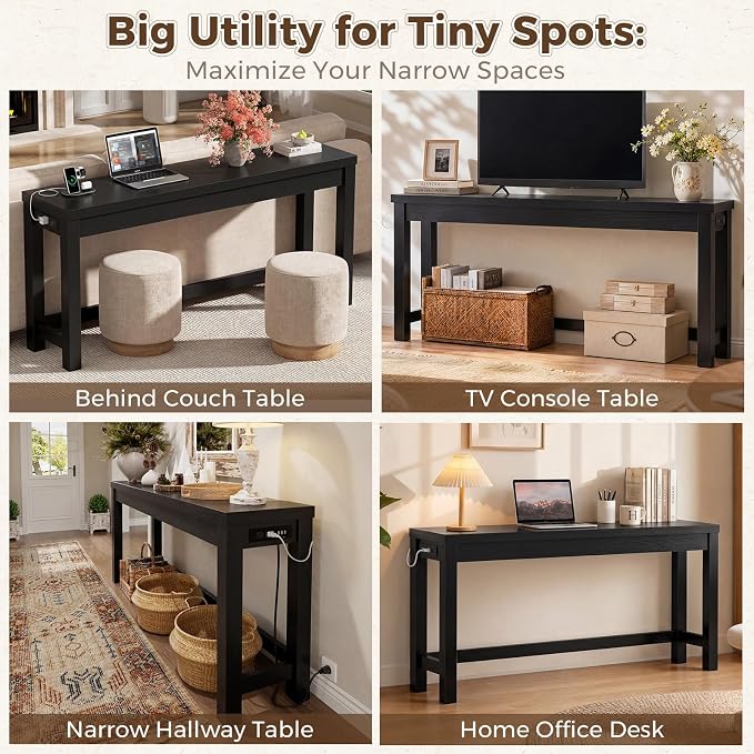 Cyclysio 63" Console Table with Charging Station, 13.8" Deep Farmhouse Sofa Table Behind Couch with 2 AC Outlets & 3 USB Ports, Long Entryway TV Console or Home Office Desk, Black