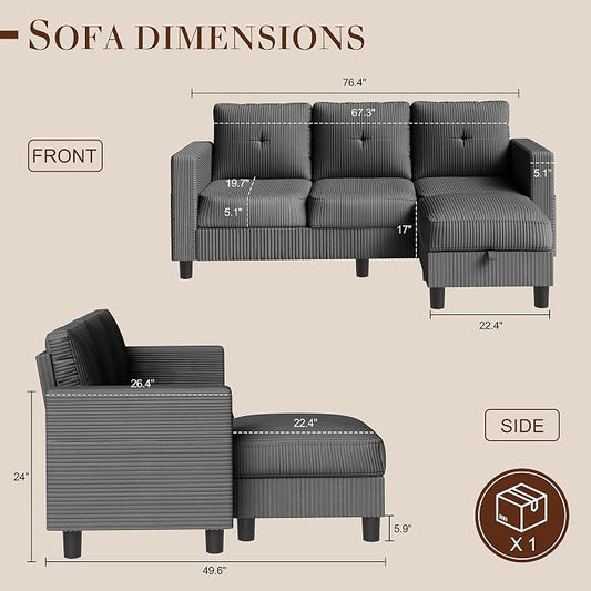 JAMFLY Convertible L-Shaped Sectional Sofa with Reversible Storage Ottoman, 3-Seat Couch with Side Pockets, Modern Compact Furniture for Small Apartments, Studios & Lofts, Grey