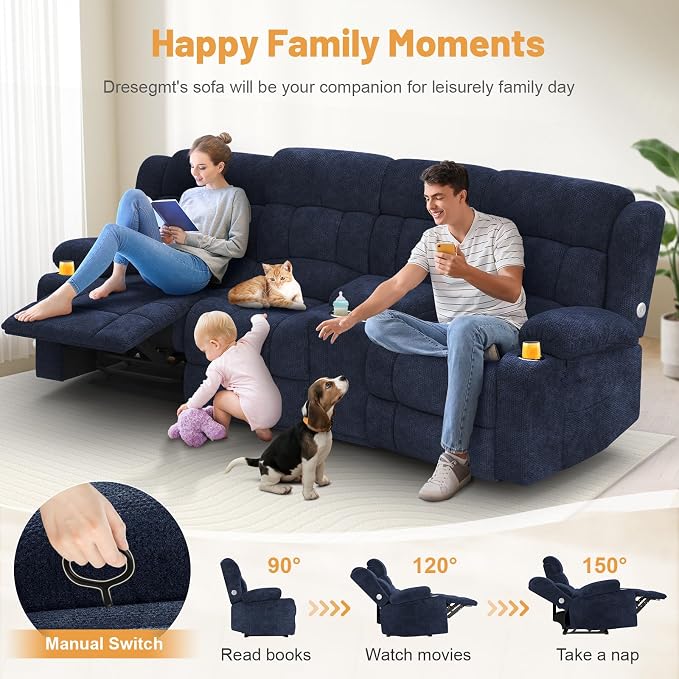 Dresegmt Recliner Sofa Set with Storage Console, Flip Middle Backrest Design 3 Seater Reclining Sofa and Single Recliner Chair, Manual Couches for Living Room (Blue, 3 Seat+Console+1)