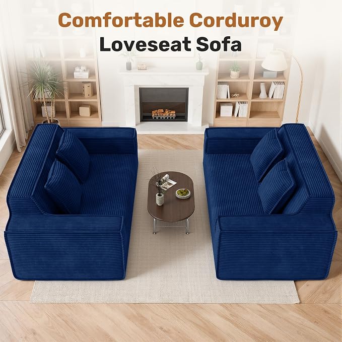 75'' Modern Cloud Loveseat Sofa Set of 2, No Assembly Required Comfy Deep Seat Couches 2 pcs for Living Room, Bedroom, Apartment (Corduroy-Blue)