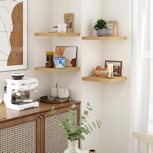 Fun Memories Square Floating Shelves for Wall - 12 Inch Deep Floating Shelves with Invisible Brackets, Oak Small Wall Shelf for Living Room, Bathroom, Bedroom, and Kitchen Decor Set of 4