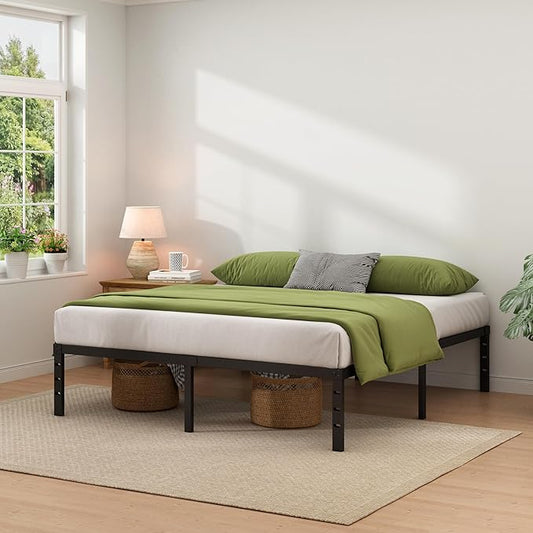 NEW JETO Metal Bed Frame,Queen Size Bed Frame with Storage Space,Heavy Duty Sturdy Mattress Foundation,Easy Assembly,No Box Spring Needed, Black,18 Inch,Queen