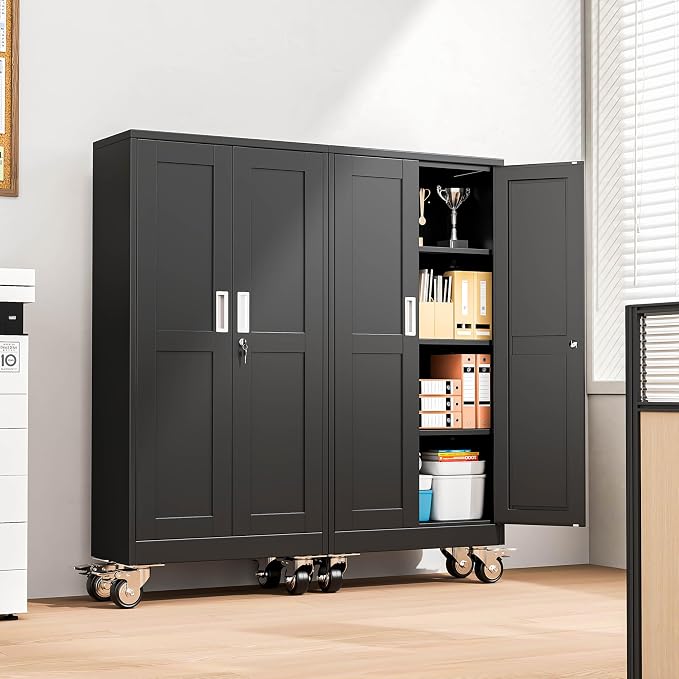 Metal Garage Storage Cabinet, 61”Tall Rolling Utility Cabinet Black | storage system with Wheels, Lock, 3 Adjustable Shelves, Heavy Duty Steel Tool Locker for Home Office, Utility Room, Gym