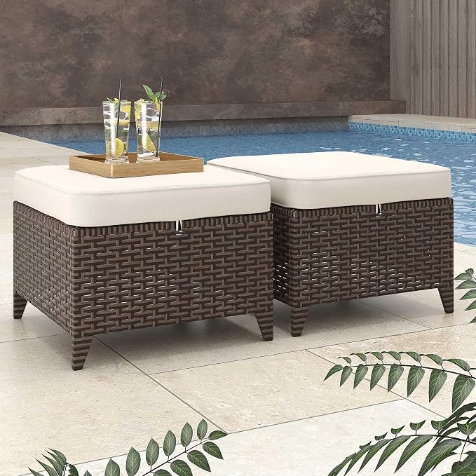 Patio Ottomans 2 Pieces, Outdoor 22" x 22" PE Wicker Ottoman with Removable Waterproof Cushions, All Weather Rattan Foot Stool Furniture for Deck, Porch, Backyard, Balcony, Poolside