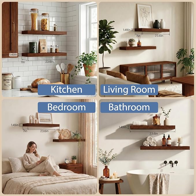 Walnut Floating Shelves Set of 2, 24 Inch Rustic Wood Wall Mounted Shelves for Bathroom, Bedroom, Living Room & Kitchen, Farmhouse Storage & Display Shelves
