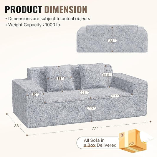 77'' Modern Cloud Loveseat Sofa in Chenille, Deep Seat Boneless Couches Includes 2 pcs Pillows for Living Room, Bedroom, Apartment(Gray)