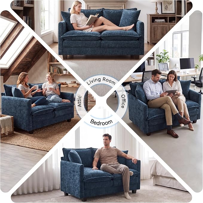 3 Seater Couch & Loveseat Sofa 2 Piece Set, Small 50" Love Seat & 69" Cloud 3 Seat Couch Sofa Set Washable Chenille Pillow Living Room Set for Apartment Office 8833-BLUE-3+2