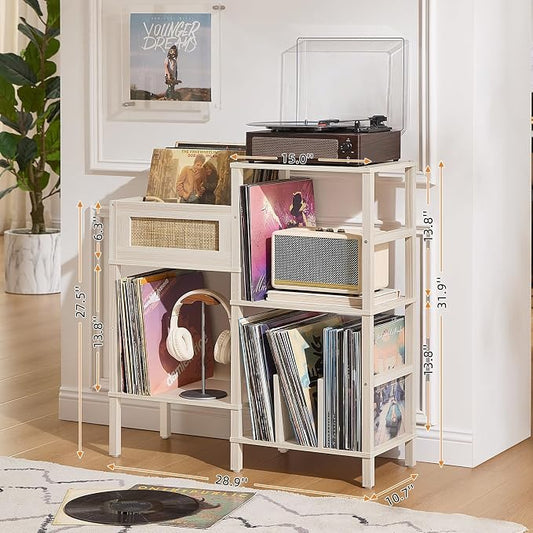LELELINKY Record Player Stand, White Cream Oak Wood Record Holder with Vinyl Storage Holds up to 300+ Albums, 3-Tier Rattan Media Table with Vinyl Display Shelf, Record Storage Cabinet for Living Room