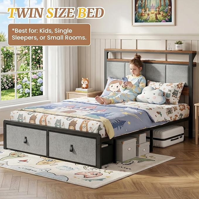 Upholstered Twin Bed Frame with 2-Tier Storage Headboard, Metal Platform Bed with Charging Station, Twin Size Bed Frame with 2 Under Bed Storage Drawers, No Box Spring Needed, Noise-Free