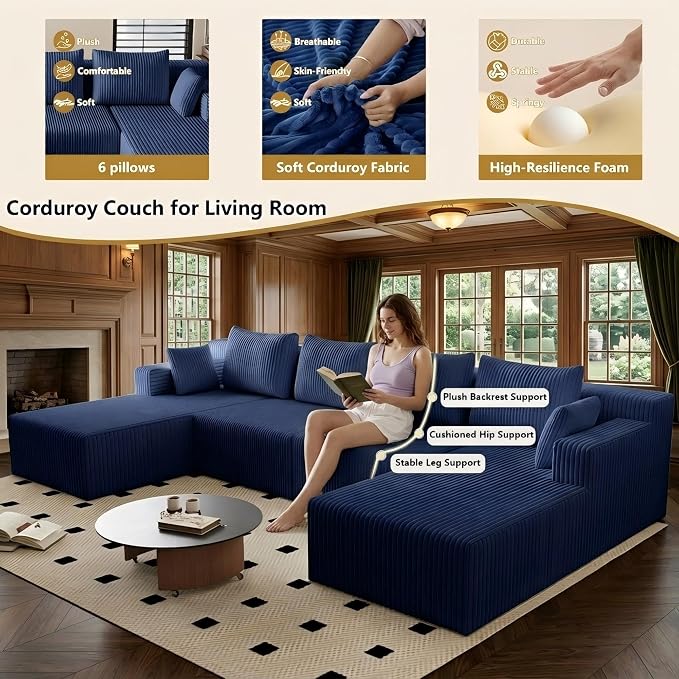 142" Oversized Cloud Modular Sectional Sofa Boneless Couches with Double Chaise Lounge and Deep Seat, Fluffy Corduroy Upholstered Compressed Lounge Sofa & Couches for Living Room