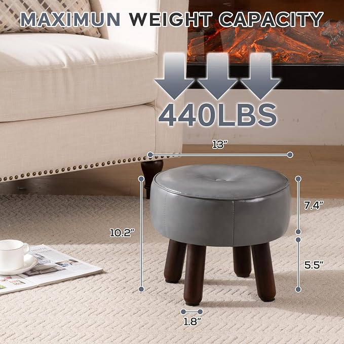 oakvivo Ottoman, Small Foot Stool, Round Leather Pouf Ottoman, 13''L x 13''W x 10.2''H Foot Rest with Non-Skid Rubber Legs for Living Room Bedroom Couch Entryway, Grey