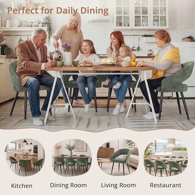 LUE BONA Modern Dining Chairs Set of 6, Upholstered Armrest Side Chairs for Kitchen & Dining Room, 18.5" Seat Height, Comfortable Curved Hollow Backrest, Black Metal Legs, Easy Assembly, Grayish Green