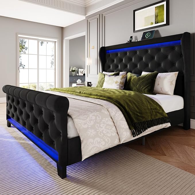 Belffin Queen Size Bed Frame with Headboard,50" Tall Headboard Upholstered Velvet Platform Bed with LED Lights & 2 USB Port/1 Type C Port, Button Tufted, No Box Spring Needed,Noise Free,Black
