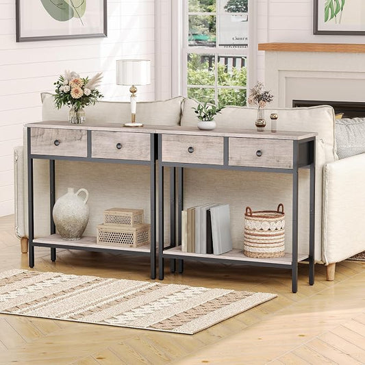 HOOBRO 29.5" Narrow Console Table with 2 Fabric Drawers, Small Entryway Table with 2-Tier Storage Shelves, Sofa Table, Behind Couch Table, for Living Room, Hallway, Greige and Black BG71XG01