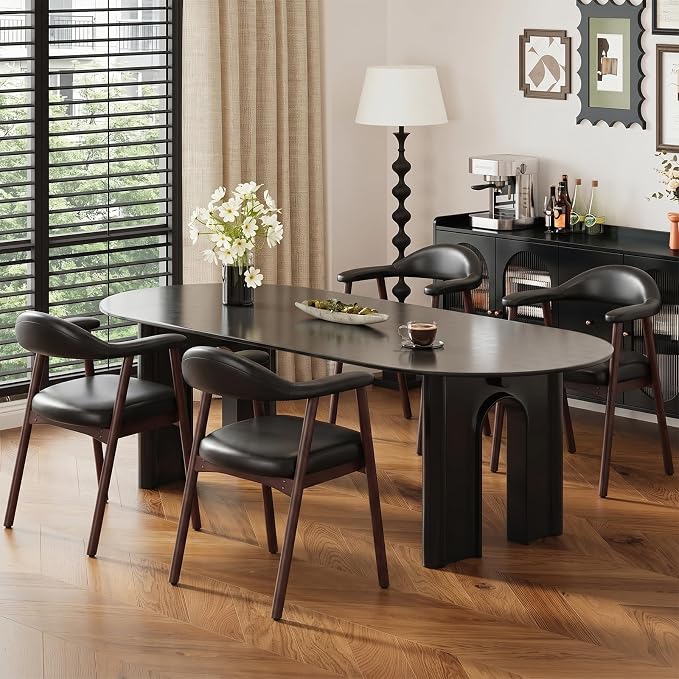 MALOL Leather Dining Chair with Armrest Set of 4, Upholstered Dining Room Chair with Curved Back and Wood Legs, Mid Century Modern Kitchen Chairs for Kitchen Dining Room,Black