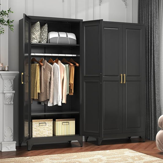 Metal Armoire Wardrobe Closet with 2 Doors, 71" Tall Wardrobe Closet with Doors, Hanging Rod, Drawers and Adjustable Shelves, Black Clothing Storage Cabinets for Bedroom, Home Office