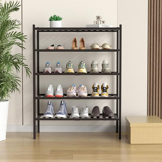ROMGUAR CRAFT 5 Tier Bamboo Shoe Rack for Closet Free Standing Wood Shoe Shelf for Entryway Small Space Stackable 27"x11"x33" (Brown)