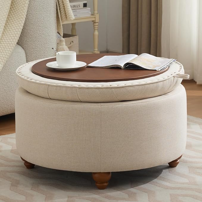 WUTUTUEE 30Inch Round Storage Ottoman with Tray, Modern Tufted Fabric Circle Coffee Table with Storage, Upholstered Ottoman with Removable Top for Living Room, Bedroom, Khaki