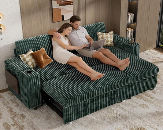 Vipbear 86" Modular Sectional Sleeper Sofa with Pull Out Bed, 3 Seat Plush Corduroy L Shaped Couch with Storage Chaise|USB Ports|Cup Holders|Side Table|Storage Armrests, Tool Free Assembly, Green