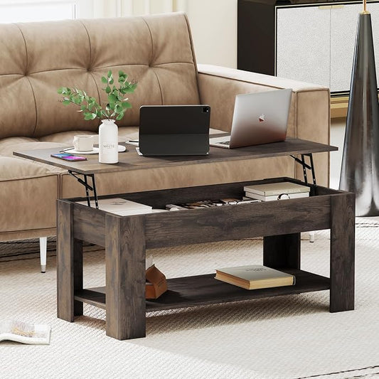 FDW 39.4" Lift Top Coffee Table with Hidden Compartment and Storage Shelf Wooden Lift Tabletop for Home Living Room Reception Room Office,Dark Brown