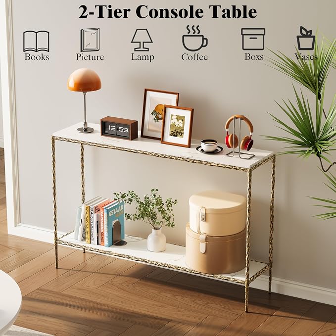 Antique Console Table with Faux Marble Wood Top, 47" Narrow Entryway Table with 2-Tier Open Storage Shelves, Modern Slim Sofa Table with Antique Brass Finish for Hallway, Living Room