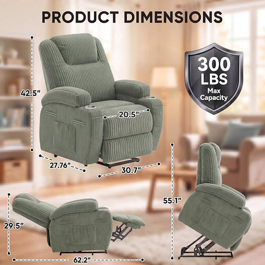 Flamaker Power Lift Chair Massage Recliner Chairs for Elderly, Corduroy Ergonomic Design with Cup Holders & Side Pockets, Remote Control (Green)