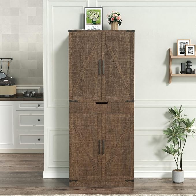 GRUSIGN 72" Kitchen Pantry Storage Cabinet with Doors and Shelves, Wood Farmhouse Pantry Storage with Barn Doors for Kitchen, Dining Room, Living Room, Dark Brown