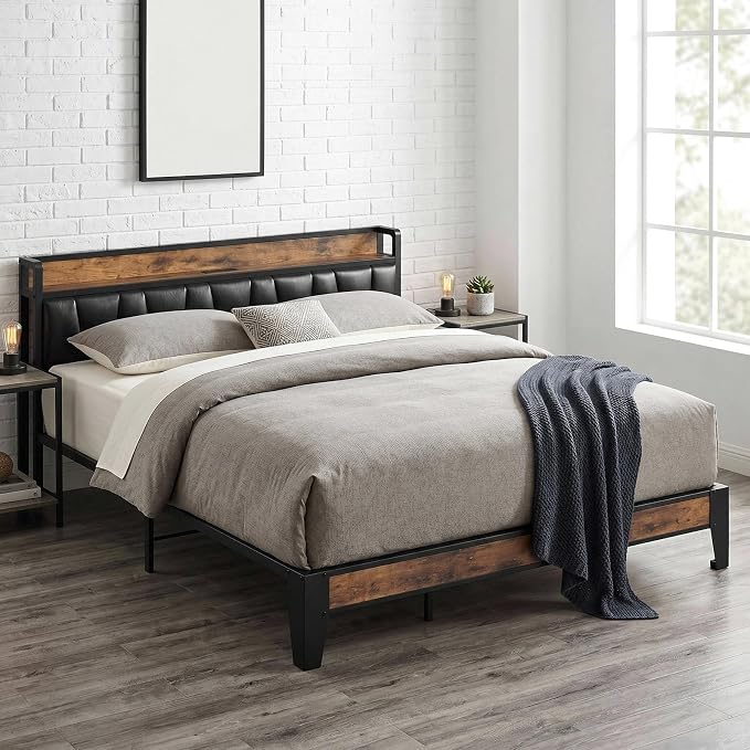 LIKIMIO King Bed Frame, Storage Headboard with Charging Station, Solid and Stable, Noise Free, No Box Spring Needed, Easy Assembly (Vintage and Black)