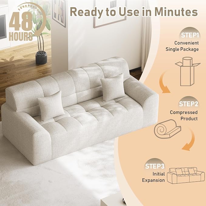 91.5" Modern Boneless Couch for Living Room, Comfy Cloud Sectional Sofa with Deep Seat, Chenille Love Seat Oversized Upholstered 3-Seater Sofa, No Assembly Required Tufted Sofas, Beige White