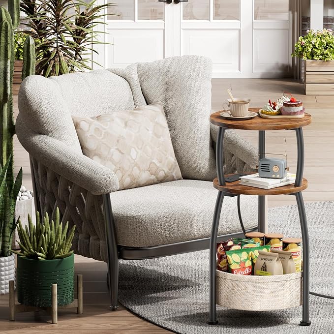 Side Table with Charging Station, Small Round End Table with Basket, USB and Type C Port, 3 Tiers Sofa Couch Table for Living Room Bedroom, Small Spaces, 11.81in Rustic Brown