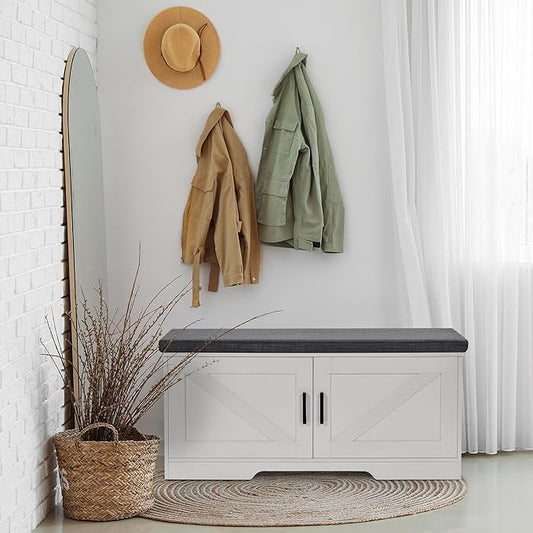 HOMSHO Farmhouse Shoe Storage Bench with 2 Barn Doors & Padded Seat Cushion | 39.4" Wide Entryway Bench with Adjustable Shelves & Hidden Storage, White