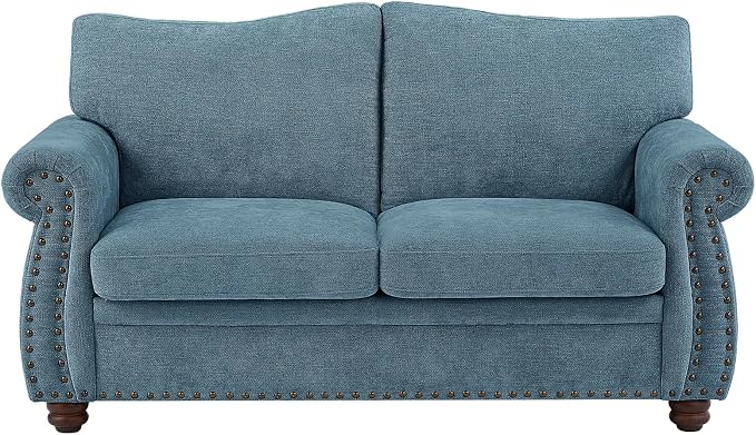 ONBRILL Nailhead Sofa, 66 Inch Small Couch with Rolled Arms, Chenille Fabric Loveseat w/Springs Seat Cushion, Vintage Curved Back, Turned Wood Legs, Comfy Couch for Living Room, Farmhouse, Teal