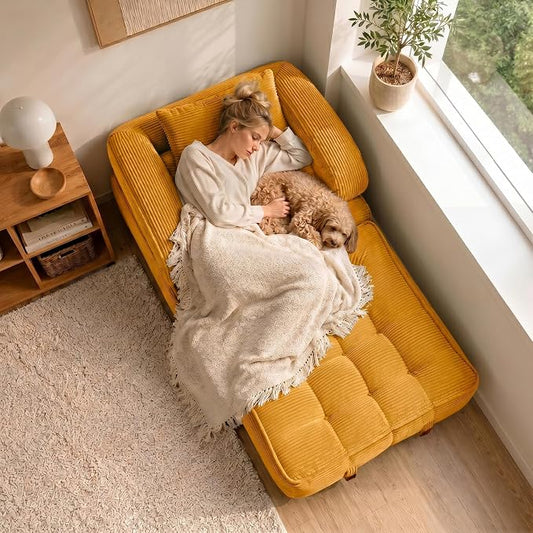 Folding Sofa Bed, Convertible Sleeper Chair with Armrests, Corduroy Foldable Boneless Bed, 3-in-1 Portable Futon Couch Floor Sofa with Pillow for Bedroom, Living Room, Orange