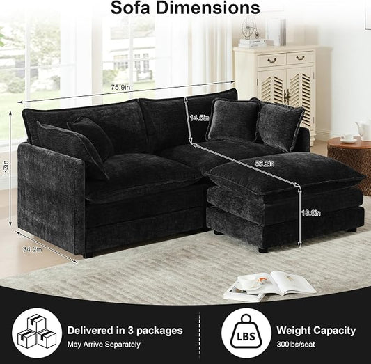 76.7" Modular Sectional Sofa with Ottoman, Modern L Shaped Sectional Couch, Comfy Cloud Couch for Living Room, Loveseat Chenille Deep Seat Sofa with Pillow for Bedroom Apartment, Small Spaces, Black