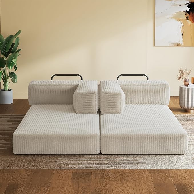 WLIVE 71'' Futon Sofa Bed, Convertible Sleeper Sofa, Folding Pull Out Couch Boneless Mattress with Fixed Frame, Corduroy, with Storage Pocket, Beige